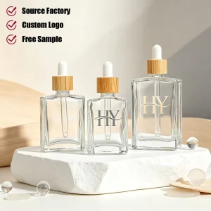 30ml 50ml 100ml Square Glass Skincare Serum Bottle with Bamboo Dropper and Gold Dropper Option