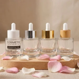 30ml 50ml 1oz Flat-Shoulder Clear Glass Serum and Cosmetic Oil Bottles with Bamboo Wood Lids