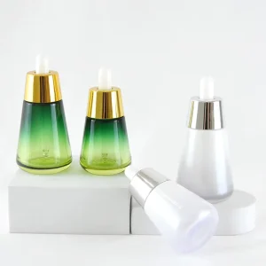 30ml 50ml Conical Trumpet-Shaped Glass Dropper Bottles with White Glue Head for Cosmetic Use