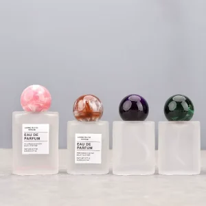 30ml 50ml Square Frosted Glass Perfume Bottle with Colored Ball Cap and Screw Pump Spray