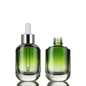 30ml 50ml Thick Wall Round Shoulder Transparent Gradient Green Glass Bottle with Silver Ring Dropper