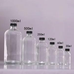 30ml 60ml 120ml 250ml 500ml Transparent Boston Glass Bottles with Plastic Lid