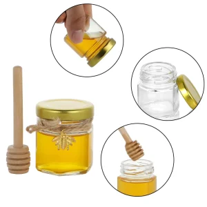 30ml Empty Hexagon Glass Luxury Mini Jars with Screw Cap Wooden Dipper for Honey Packaging