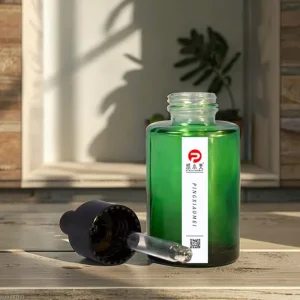 30ml Green Cylinder Glass Dropper Bottle with Black and Frosted Amber Gold Caps for Essential Oil Packaging