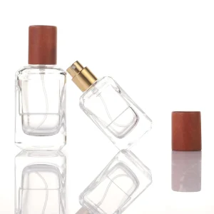 30ml or 50ml Clear Square Perfume Glass Bottle with Red Wooden Cap and Pump Sprayer