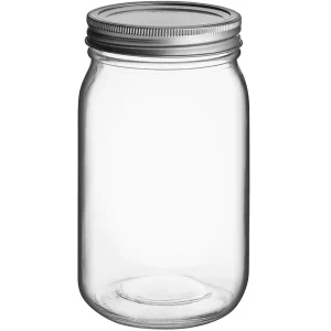 32 oz Quart Wide Mouth Embossed Glass Canning Mason Jar with Silver Metal Lid and Band