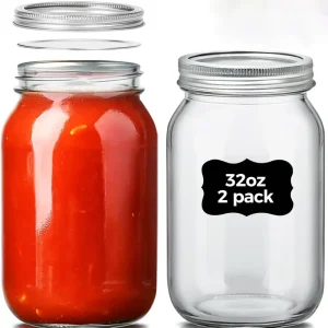 32 oz Transparent Wide Mouth Glass Mason Canning Jar with Metal Lids for Beverage Storage