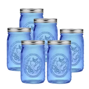 32oz Wide-Mouth Blue Glass Mason Jar with Airtight Lids for Alcoholic Drinks and Canning