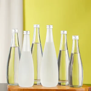 330ml Clear Round Mineral Glass Water Bottle with Aluminum Cover Screen-Printed Design Screw Cap for Juice and Brandy