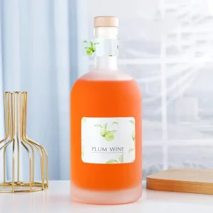 33oz 1000ml 1L Round Thick-Base Clear Frosted Glass Wine Bottle with Wood Cork for Vodka Liquor Brandy and Spirits