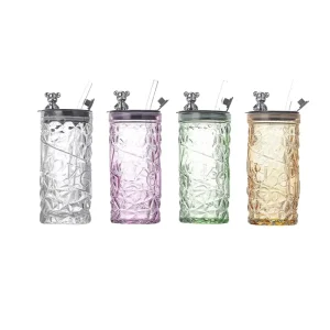 350 ml Reusable BPA-Free Leakproof Glass Tumbler with Bear Lid, Diamond Pattern, and Straw for Iced Drinks