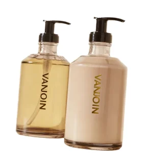 350ml 500ml Slanted Shoulder Round Glass Bottle with Black Plastic Pump for Shampoo and Hand Soap