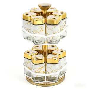 360-Degree Rotating Spice Jar Set with Gold Marble Pattern Airtight Glass Containers and Plastic Lids