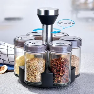 360° Rotating Glass Spice Jar Set 6-Piece with Adjustable Pour Holes Stainless Steel Rack