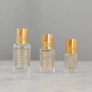 3ml 6ml 12ml Golden Octagonal Glass Essential Oil Roller Bottle with Leaf Pattern