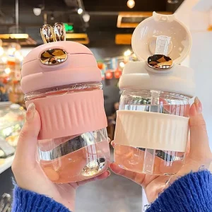 400ml Rabbit Straw Glass Cup with Bunny Ears for Office Coffee and Water
