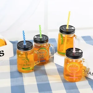 450ml 16oz Clear Glass Mason Jar Drinking Cup with Handle, Lid, and Straw