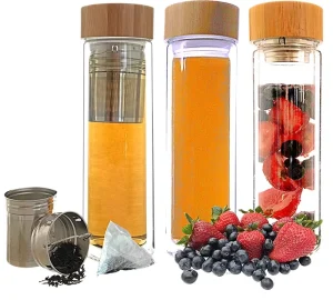 450ml Borosilicate Glass Bottle with Bamboo Lid Built-in Tea Strainer for Juice Tea Coffee