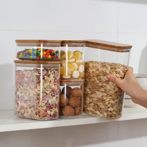 450ml Food Storage Containers Biscuit Nuts Square PET Jar PET Bottle with Airtight Bamboo Lid