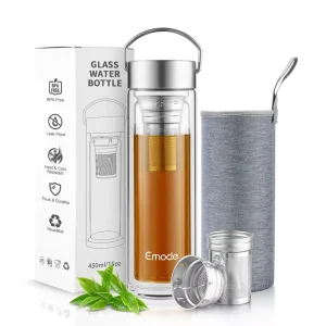450ml Glass Water Bottle with Infuser Sleeve, Leak Proof, BPA Free, Heat and Cold Resistant, Reusable