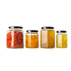 45ml 60ml 80ml 100ml 180ml 280ml 380ml 500ml 730ml Honey Jam Glass Jar Hexagon Glass Bottle Manufacturer with Metal Lids