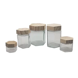 45ml 60ml 85ml 100ml 180ml 280ml 500ml 730ml Hexagonal Glass Honey Jar with Wooden Lid