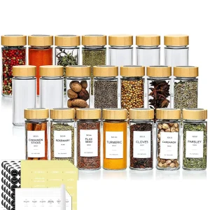 4oz Square Glass Spice Jars with Labels, Acacia Wood Shaker Lids, and Silicone Collapsible Funnel
