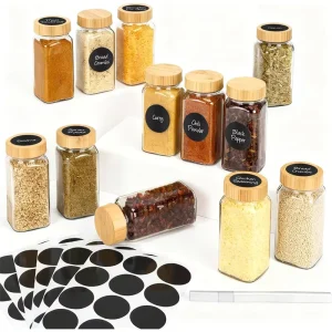 4oz Square Glass Spice Jars with Shaker Lids, Labels and Rack Storage