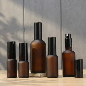 5 10 15ml 20ml 30ml 50ml 100ml Frosted Amber Spray Essential Oil Refillable Amber Glass Spray Bottle With Black Spray Pump Cap