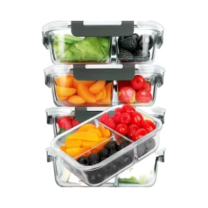 5-Pack 36 oz Glass Meal Prep Containers with 3-Compartment Lids, Microwave, Oven, Freezer and Dishwasher Safe