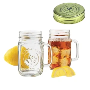 500mL Vintage County Fair Embossed Glass Mason Jars With Handles and Metal Lids for Iced Tea and Juices