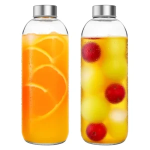 500ml 750ml 1000ml Round Clear Glass Water Bottles with Stainless Steel Lid