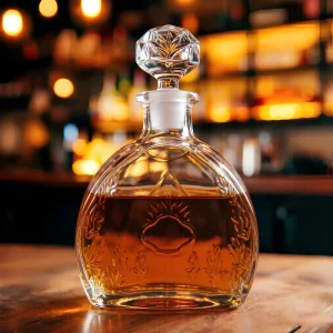 500ml 750ml Clear Extra Flint Flat Glass Liquor Spirits Bottle with Embossed Design and Glass Stopper