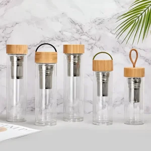 500ml Double Wall Insulated High Borosilicate Glass Tea Infuser Water Bottle Bamboo Lid Thermal Thermos Glass Mug for Travel