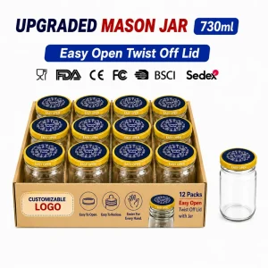 500ml Glass Mason Jar with Easy Open Twist Off Lid Canning Jar With Lid for Chili Sauce Honey Jam Pickles OEM ODM 16oz 12 Sets