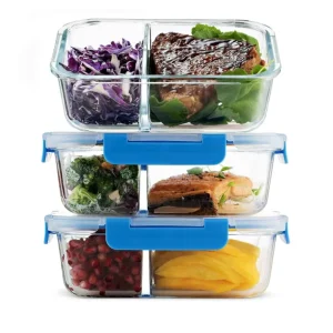 500ml High Borosilicate Glass Lunch Box with Divider, Microwave Safe, 3-Piece Set