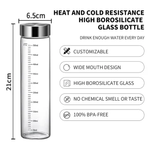 500ml Simple Design Transparent Glass Water Bottle with Stainless Steel Lid Premium Glass Drinkware