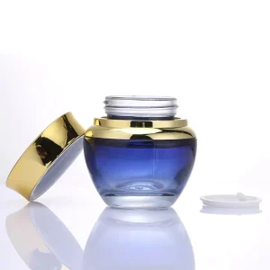 50G Gradient Blue Glass Container Bottles Jars Blue Pot for Cosmetic Face Cream Lip Balm Sample Storage Home Use with Gold Lip