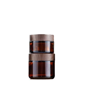 50g 100g Matte Amber Glass Jar Black Glass Cream Jar With Wood Grain Lid