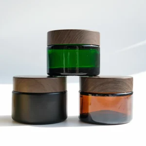 50g Amber Green Black Custom Color Glass Cosmetic Cream Jar with Dark Wood-Grain Lid