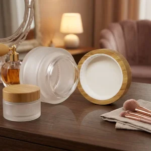 50g Empty Bamboo Glass Jar Cosmetic Packaging High Quality Silk Screen Printed Cylinder Shape with Bamboo Lid