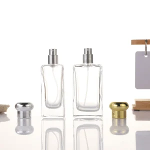 50ml 100ml Clear Square Empty Refillable Glass Perfume Bottle with Gold Silver Cap and Spray Pump
