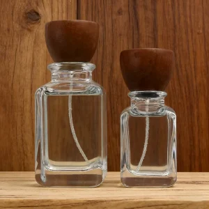 50ml 100ml Square Glass Perfume Bottle with Rounded Shoulder and Wooden Cap