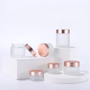 50ml-60ml Frosted Glass Cosmetic Cream Jar with Rose Gold Lid and Spoon for Skincare