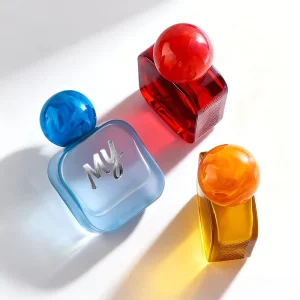 50ml Colorful Square Glass Perfume Bottle with Decorative Sphere Cap for Cosmetic Packaging