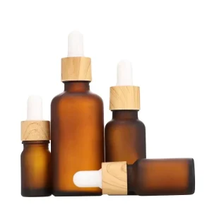 50ml Frosted Amber Glass Essential Oil Perfume Bottles with Screw Cap and Wood Grain Plastic Dropper Pipette for Skin Care Serum