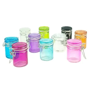 50ml Round Glass Container for Spice Bottles with Glass Lid clear and Colour Mini Glass Jar with Mental Clip Gasket 2OZ