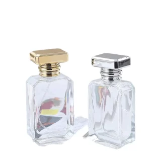 50ml Thick-Bottom Transparent Flat Octagonal Glass Fragrance Perfume Bottle with Crimp Neck Screen Printing Pump Sprayer