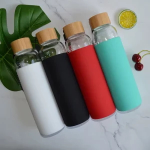 550ml Bamboo Lid Silicone Colourful Sleeve Glass Sport Water Bottle