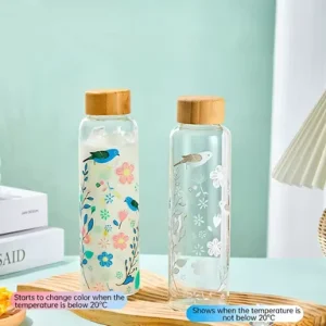 550ml Cold-Activated Color-Changing Borosilicate Glass Water Bottle with Bamboo Lid